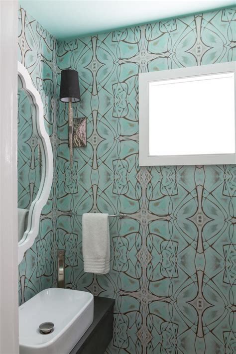 Turquoise Contemporary Powder Room With Graphic Wallpaper Turquoise