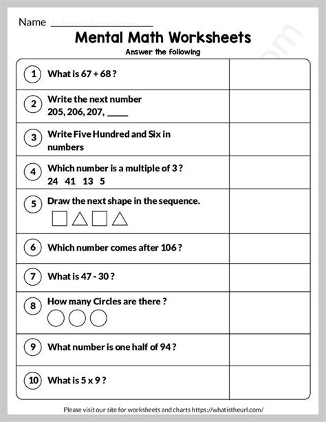 Mental Math Worksheet For Grade 1 Exercise 11 Mental Maths