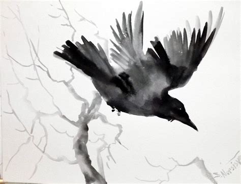 Flying Crow Original Watercolor Painting 9 X 12 In Raven