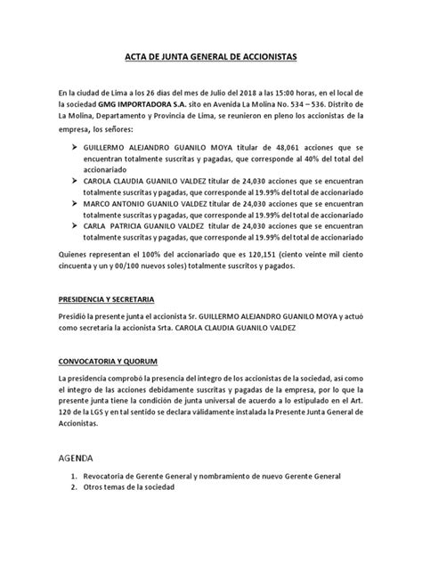 Acta De Junta General De Accionistas Pdf Gobierno