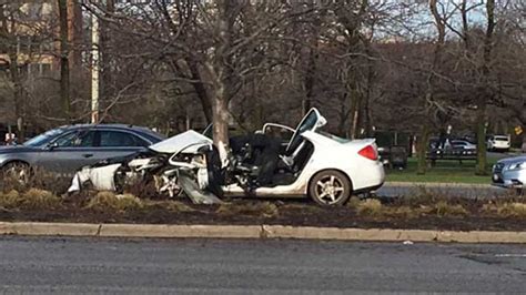 Car Crash Tree Red Car Crashed Into Big Green Tree Auto Accident