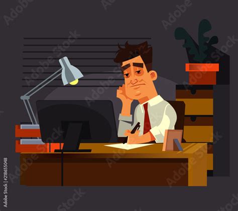 Sad Unhappy Office Worker Man Character Hard Working Late Vector Flat