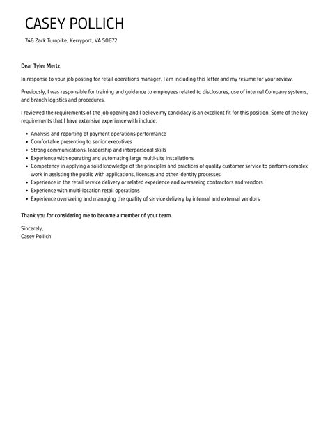 Retail Operations Manager Cover Letter Velvet Jobs