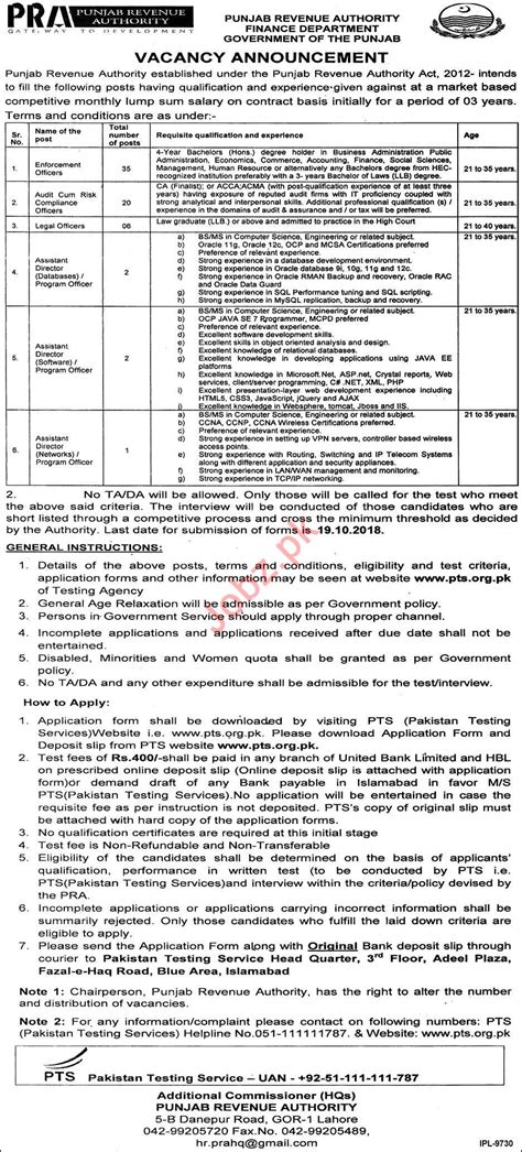 Punjab Revenue Authority Pra Finance Department Jobs Via Pts 2024 Job