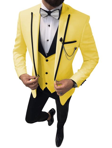 2019 Customize 3 Pieces Peak Lapel Groom Tuxedos Yellow Formal Men