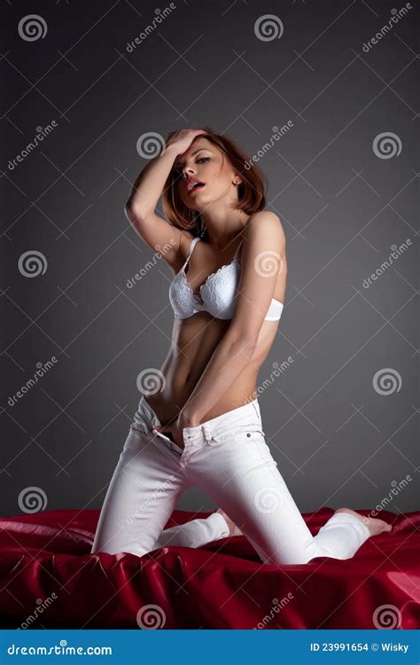 Beauty Woman Touch Herself With Pleasure In Jeans Stock Photo Image Of Boobs Nudity