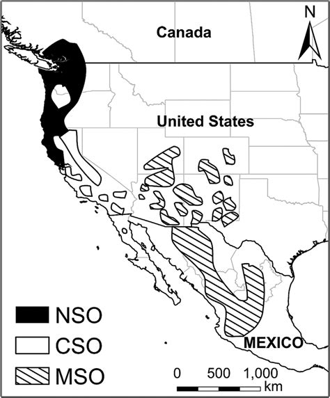 Ranges Of The 3 Spotted Owl Subspecies In North America Nso ¼ Northern