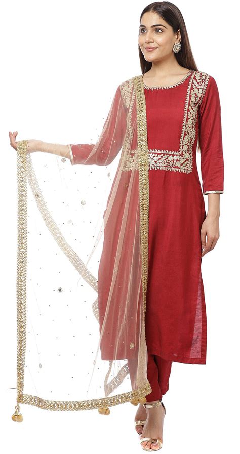 Festive Reception Red And Maroon Color Silk Fabric Salwar Kameez 1679622