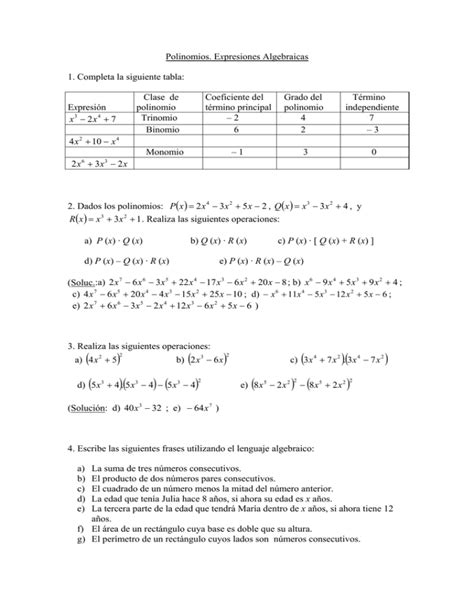 Polinomios Expresiones Algebraicas 1 Completa La Siguiente Tabla