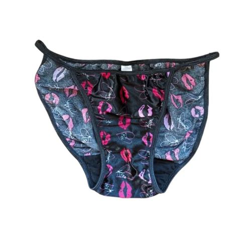 Vintage Victorias Secret Second Skin Satin Lip Kiss Print String Bikini