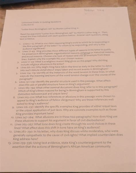 On why he went to birmingham even though he wasn't from birmingham (answering the charge that he was an outsider) Collections Grade 10 Guiding Questions Collection G ...