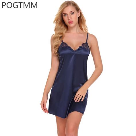 Buy Summer Sexy Satin Sleepwear Nightgown Women Backless Lace Night Gown