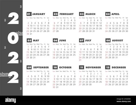 Calendar 2022 Year Black And White Vector Template Week Starts On