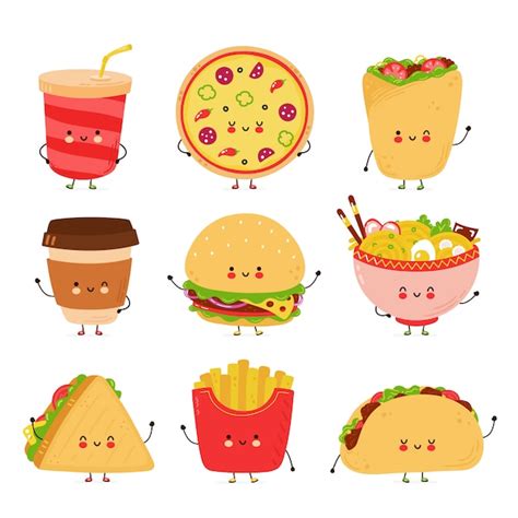Premium Vector Cute Happy Fast Food Characters Set Isolated On White