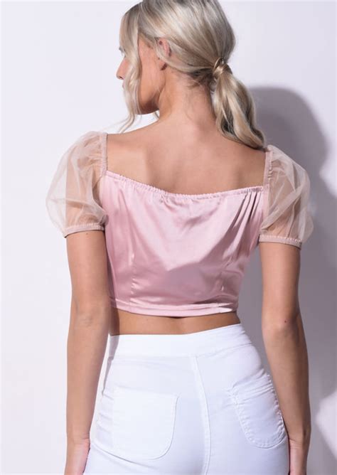 Satin Mesh Puff Short Sleeve Organza Cropped Top Pink Lily Lulu