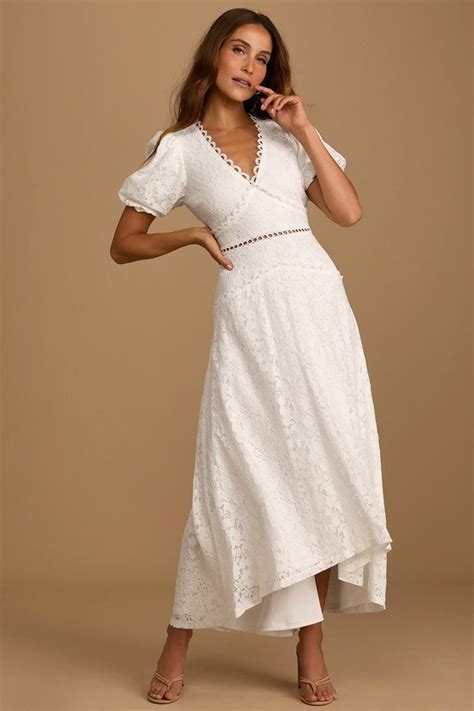 White Midi Dress Puff Sleeve Dress High Low Dress Lulus