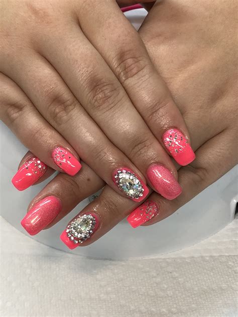 Hot Pink Hologram Chunky Rhinestones Ombré Glitter Gel Nails Light