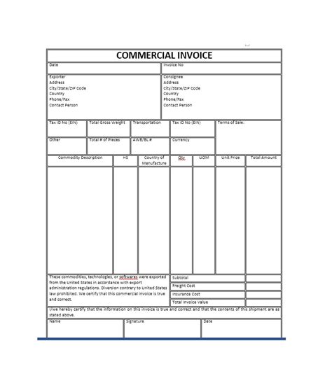 Word Printable Commercial Invoice Template Printable Templates