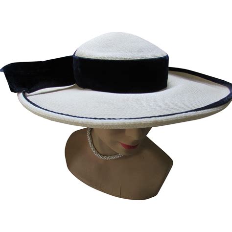 Wide Brim White Millinery Straw Hat With Navy Velvet Ribbon Carson