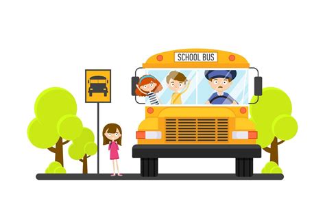 Los Niños Viajan En Un Autobús Escolar Con Conductor De Vuelta A La