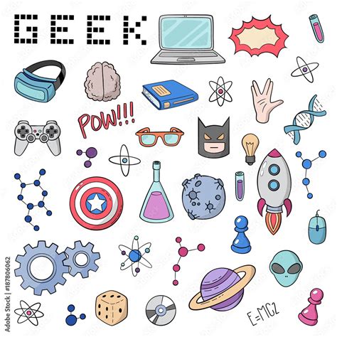 Set Of Cartoon Doodle Icons Collection Of Symbols Geek Nerd Gamer