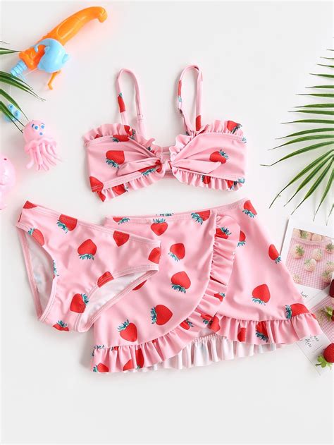 3pack Toddler Girls Strawberry Print Frill Trim Bikini Swimsuit And Beach