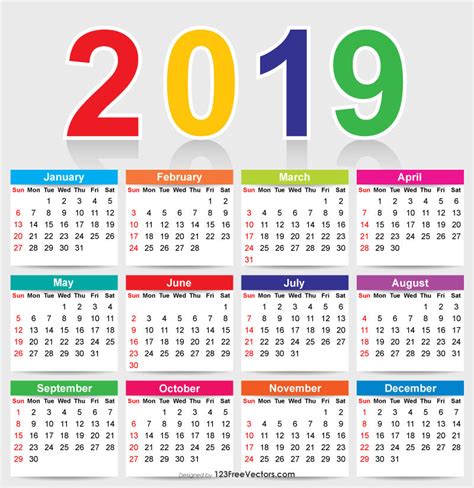 Colorful 2019 Calendar Free Vector By 123freevectors On Deviantart