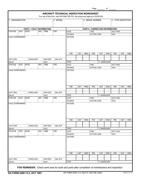 Da Form 2408 13 3 Aircraft Technical Inspection Worksheet Forms