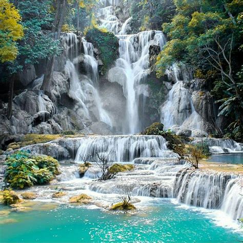 Kuang Si Falls Laos Beautiful Waterfalls Beautiful Landscapes Luang