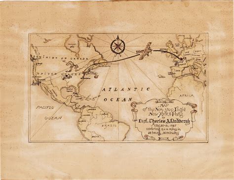 Manuscript Map Celebrating The Trans Atlantic Flight Of Charles