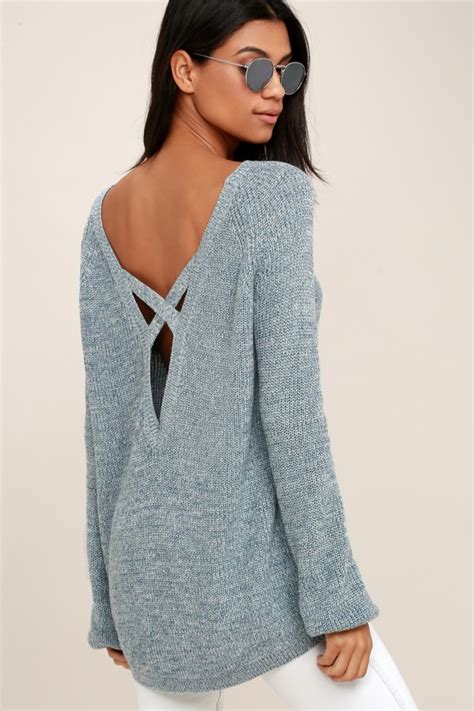 Sexy Heather Blue Sweater Oversized Sweater Backless Sweater 5700