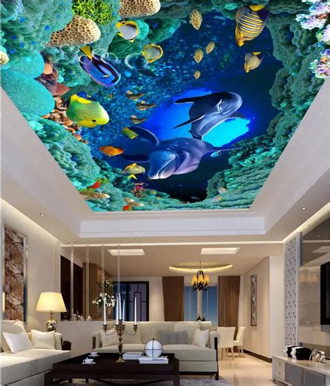 Custom Photo 3d Ceiling Murals Wallpaper Sea World Dolphin Caves Home