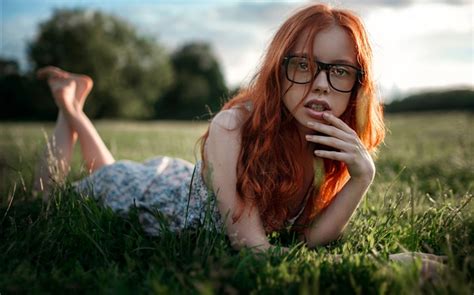 Red Hair Girl Lying Grass Glasses Hd Wallpapers Girls