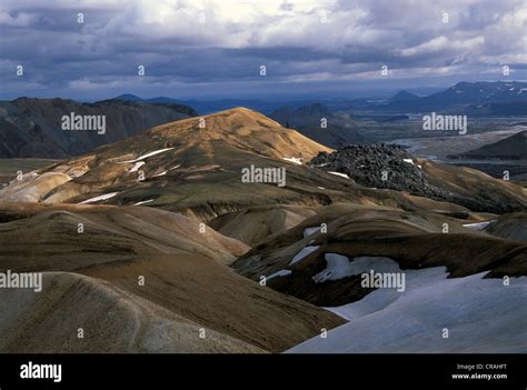 View Of The Obsidian Lava Fields At Laugarhraun Rhyolith Mountains Of