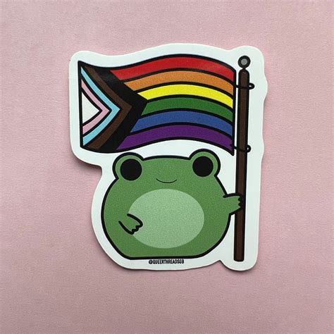 lgbtq frog holding progress pride flag sticker pride frog etsy