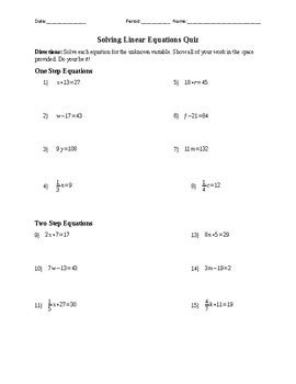 Solving Linear Equations Quiz By Mathkins TPT