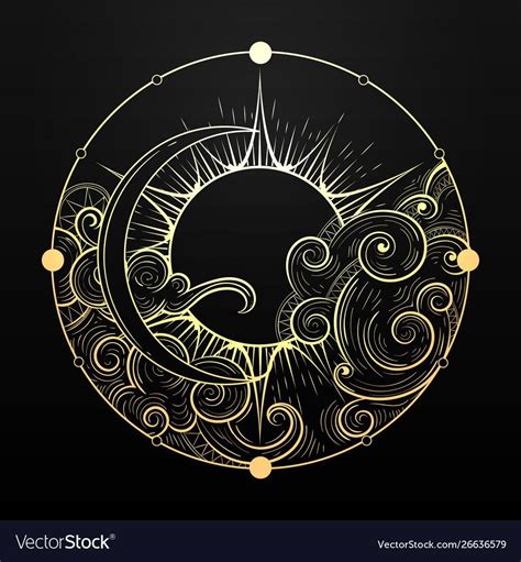 Hand Drawn Golden Sun And Moon With Cloud Vector Image Sun And Moon