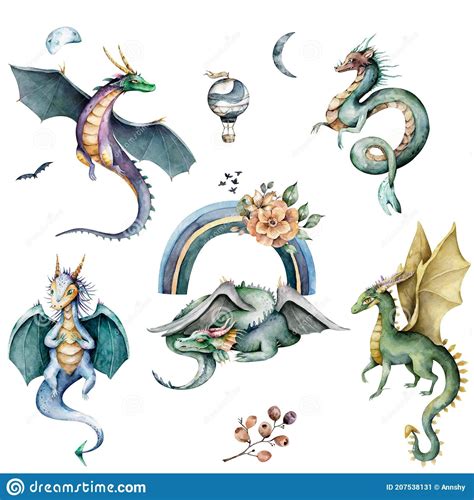 Set Of Fairytale Dragons Hand Drawn Watercolor Cute Mythology Cartoon