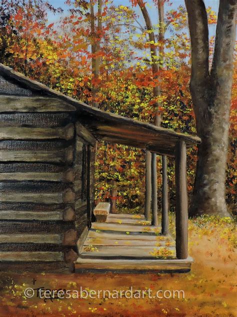 Log Cabin In The Autumn Woods Teresa Bernard Oil Paintings