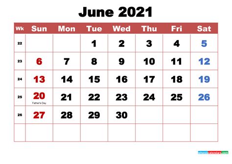 June 2021 Calendar With Holidays Free 2021 Printable