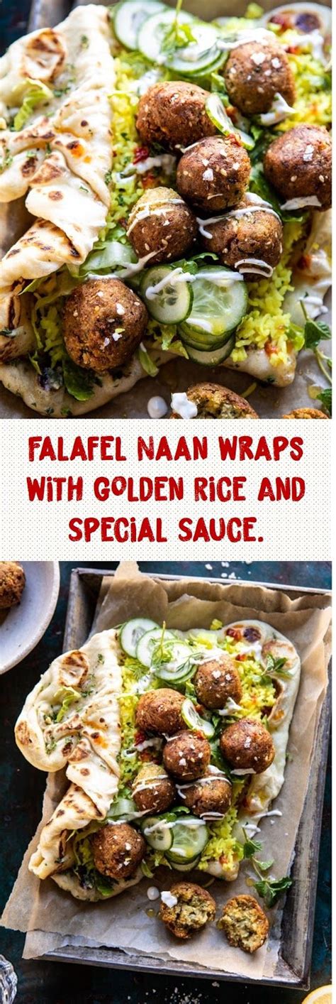 These healthy falafel wraps are topped with cherry tomatoes, cucumbers, pickled onions, dill and dollops of creamy garlic yogurt sauce. Falafel Naan Wraps With Golden Rice And Special Sauce. in ...