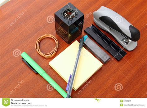 Office Desk And Tools Over A Brown Table Stock Image Image Of