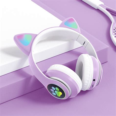 Cute Cat Ears Headset Bluetooth 50 Headphone Pink Over Ear Stereo