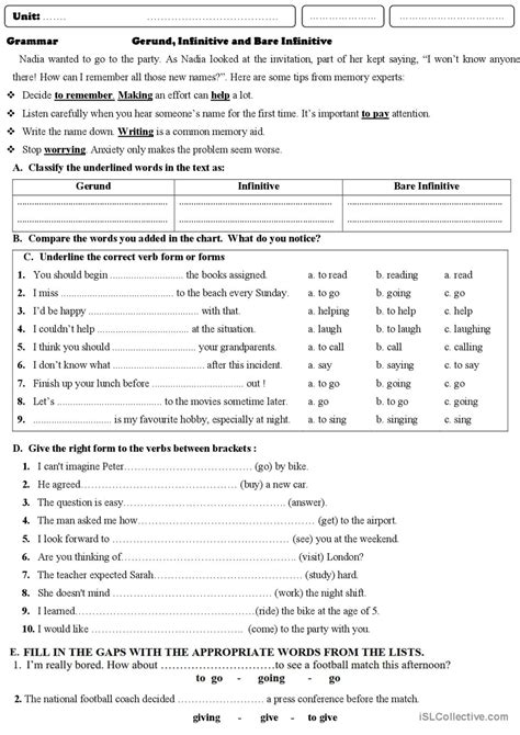 Gerund Infinitive And Bare Infiniti English ESL Worksheets Pdf Doc