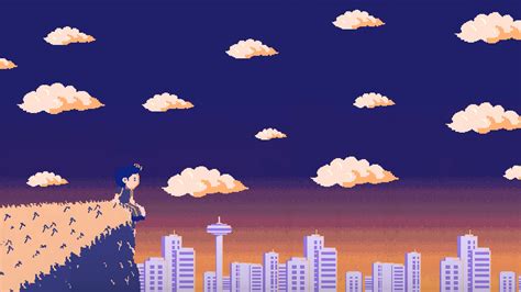 Artwork Sky Cityscape Clouds Alone Pixel Art Pixels Sitting Wallpaper