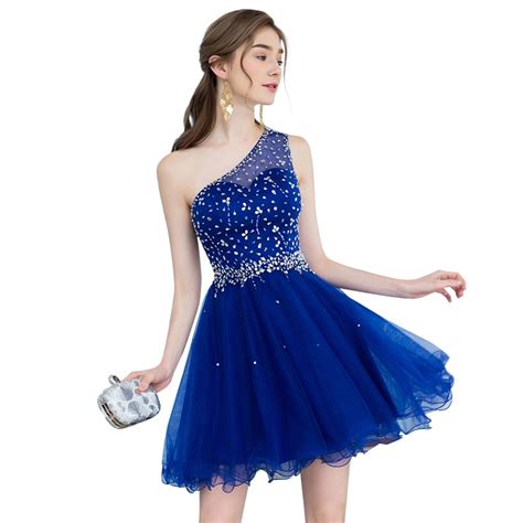Short One Shoulder Royal Blue Homecoming Dresses 2018 Mini Beaded Tulle