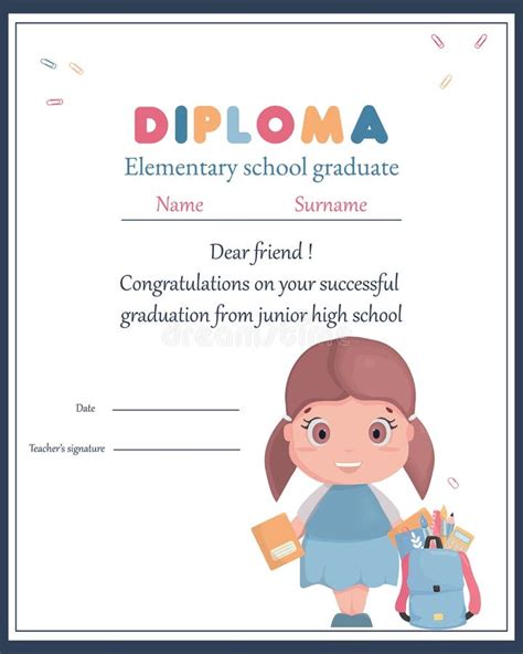 Elementary School Graduation Diploma Vector Templateprintable Design