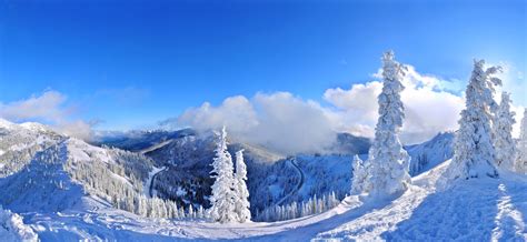 White Clouds Mountains Frost Blue Sky Panorama Cold Forest