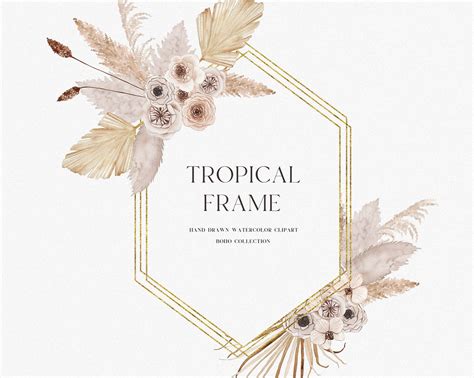 Watercolor Golden Tropical Boho Frame Clipart Wedding Boho Floral