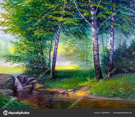 Oil Painting Landscape Colorful Summer Forest Beautiful River Waterfall